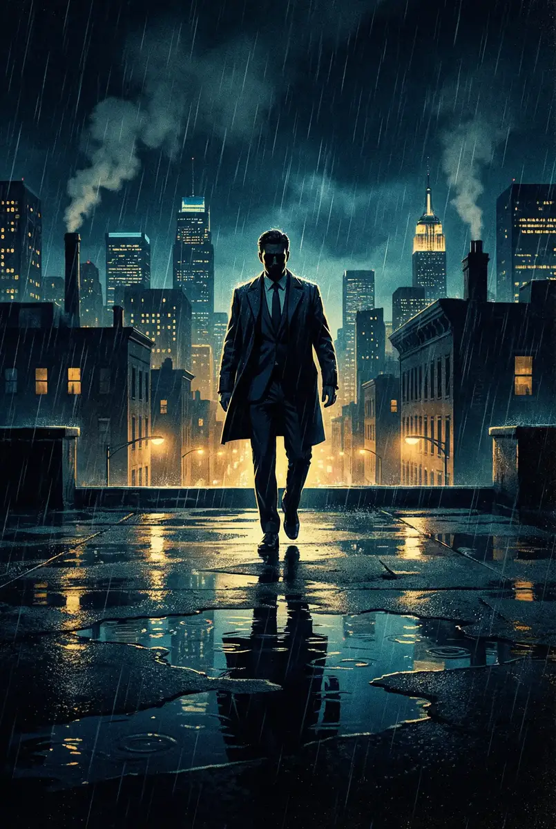 二十四小时免费观看高清在线视频 出品影片《雨夜独行者》海报，雨中城市屋顶男性剪影